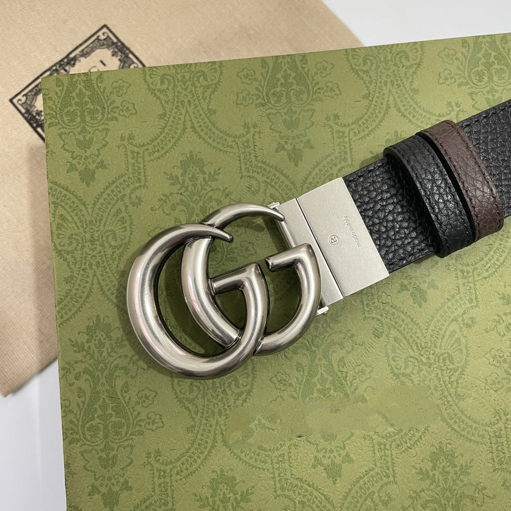DOUBLE G SILVER BUCKLE 38MM BLACK BROWN LEATHER