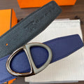 H TWIN REVERSIBLE BELT 32MM BLACK SILVER BUCKLE BLACK BLUE LEATHER