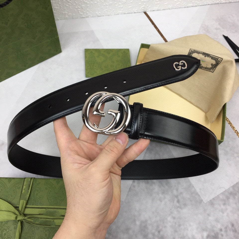 GC BELT SILVER BUCKLE BACK LEATHER 4.0CM