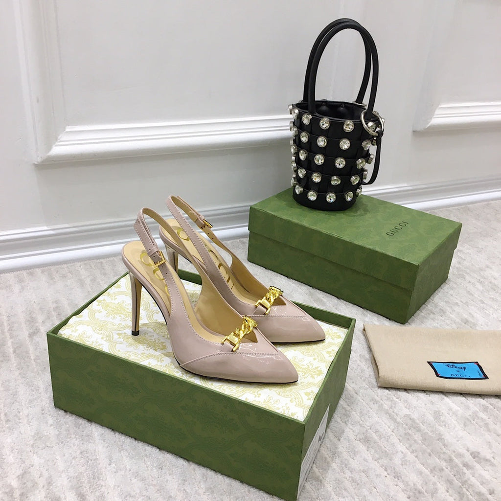 GG HIGH HEEL SLINGBACK BEIGE CREAM CALFSKIN WITH CHAIN