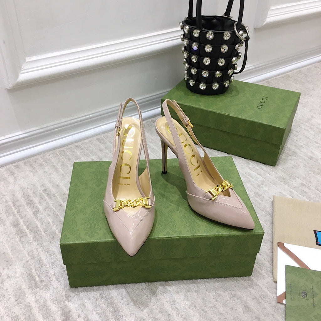 GG HIGH HEEL SLINGBACK BEIGE CREAM CALFSKIN WITH CHAIN