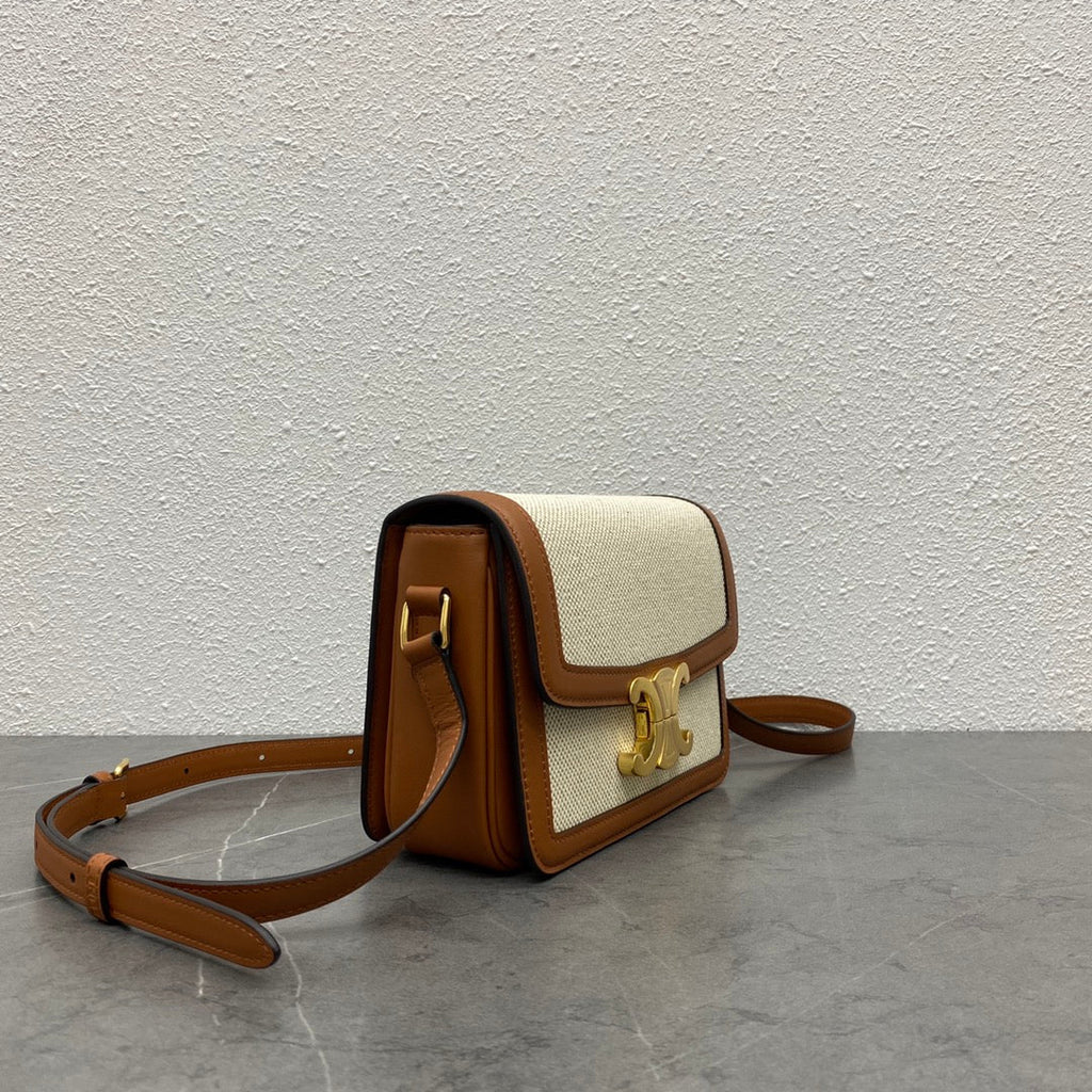 Celine 2026 Classique Triomphe Bag 18cm Tan Beige Textile Calfskin 283616
