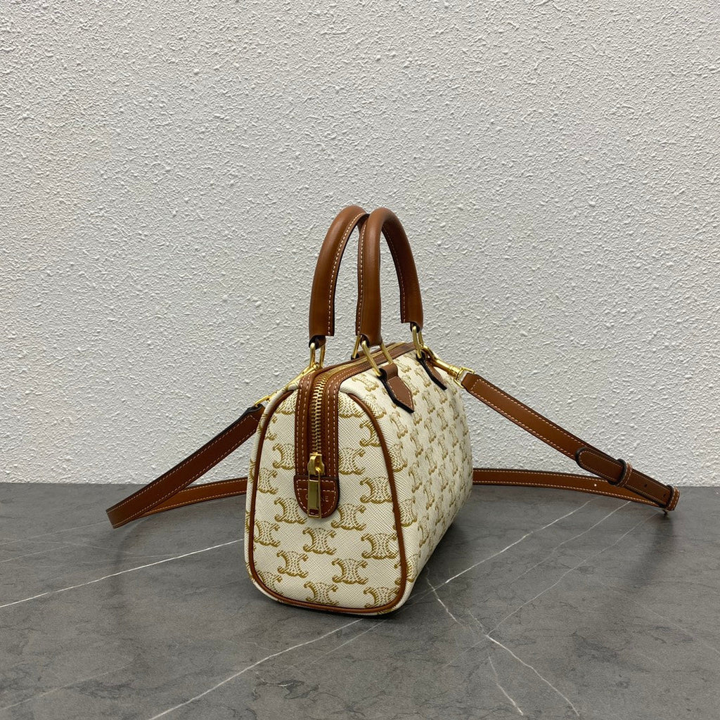 Celine 2026 Boston Bag 19.5cm White Brown Triomphe Canvas Calfskin 281912