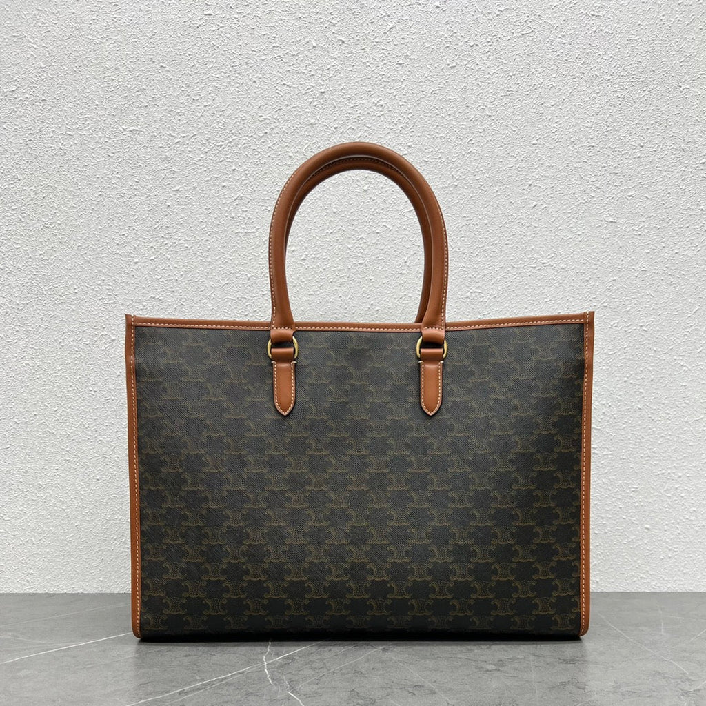 Celine 2026 Horizontal Cabas 43cm Black Brown Triomphe Canvas Calfskin