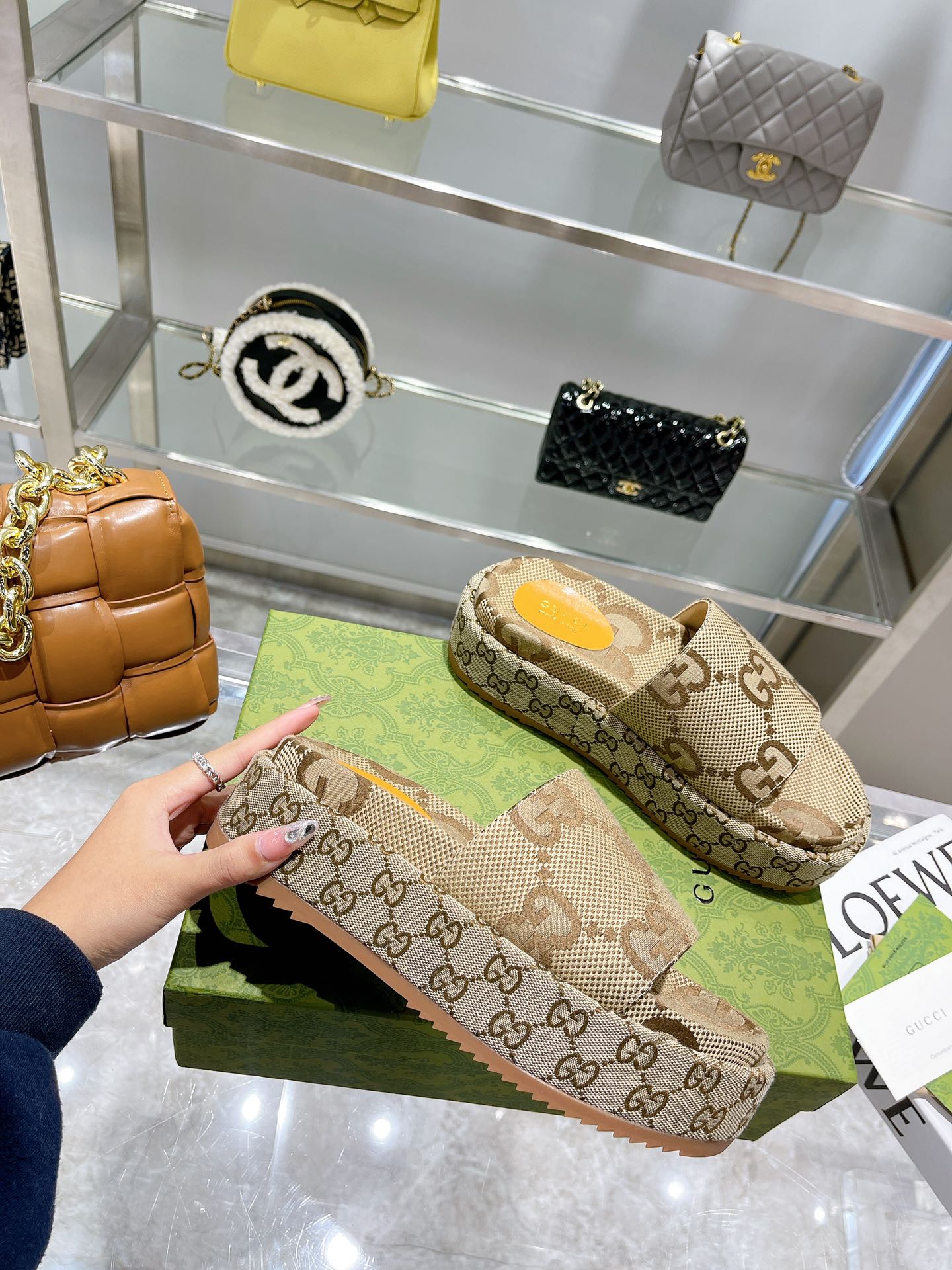 LV MONOGRAM THICK PLATFORM SANDALS IN BEIGE CANVAS