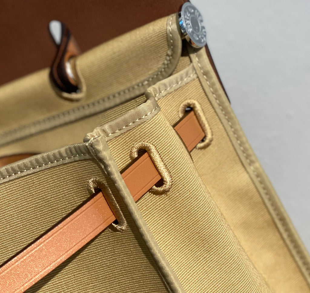 Herbag 31 Toile Beige Canvas Gold Cowhide Leather