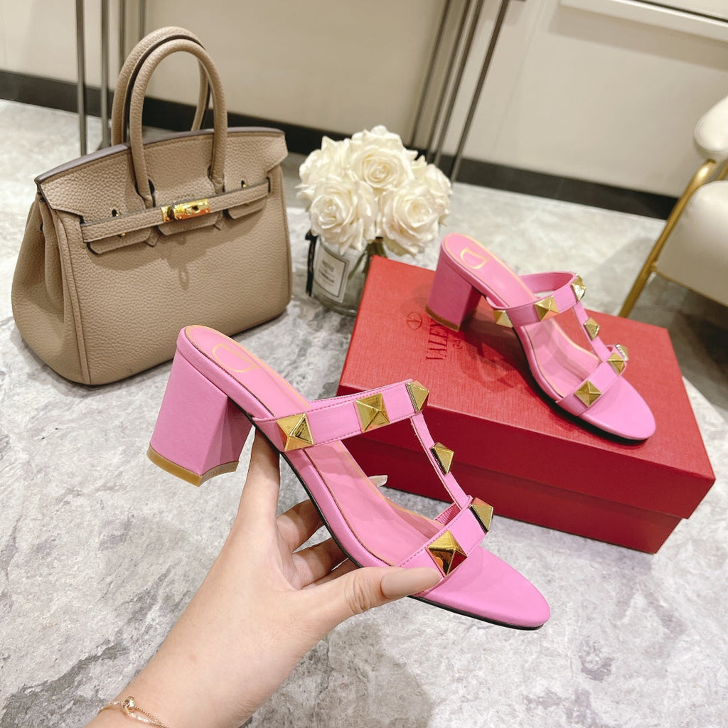 ROMAN STUD BRIGHT PINK CALFSKIN SLIDE SANDAL 60 MM