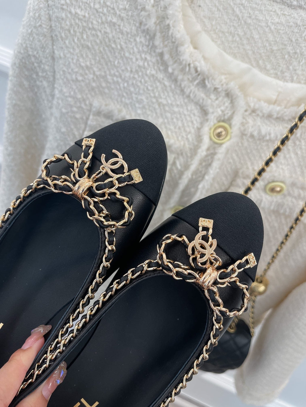 CC Ballet Flats 25mm Black Bow Tie Chain Lambskin