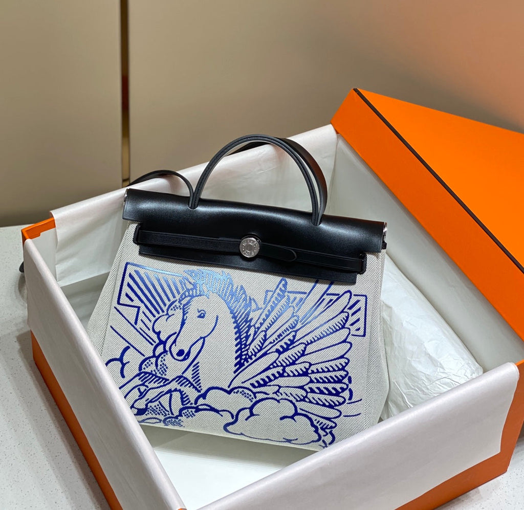 HM Pegase Pop Herbag Zip 31 White Blue Canvas Black Cowhide Leather