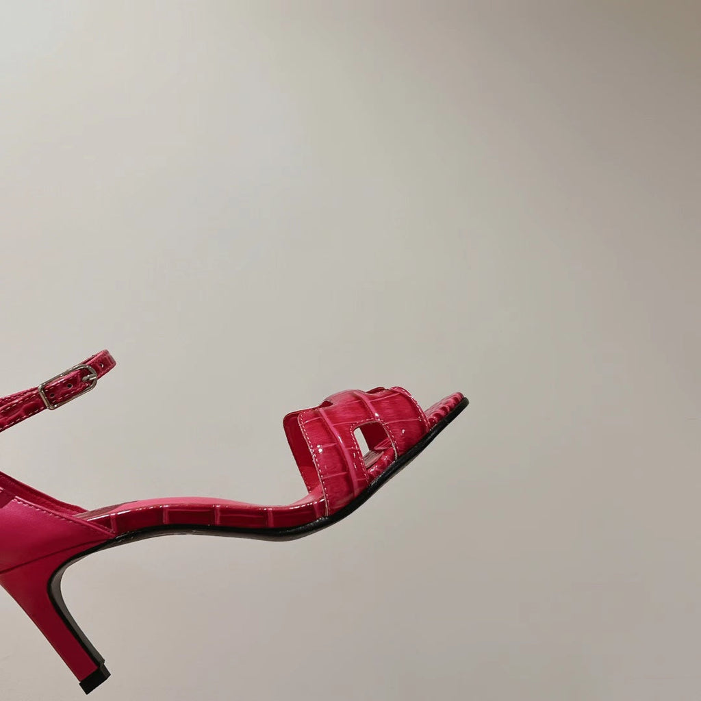 PREMIERE 70 SANDAL IN WATERMELON PINK CROCODILE LEATHER