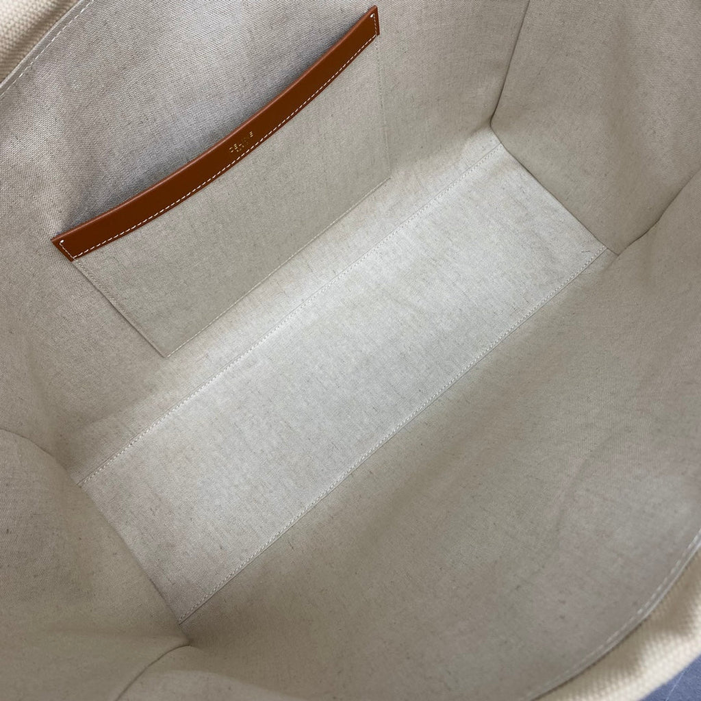 Celine 2026 Cuir Triomphe Cabas Drawstring Tote Bag Natural Tan Canvas Calfskin