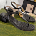 GC Double G Block Heel Thong Sandals Black Leather 292410