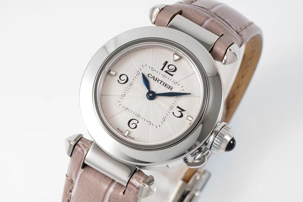 pasha 30mm quartz stainless steel pink dial light brown leather