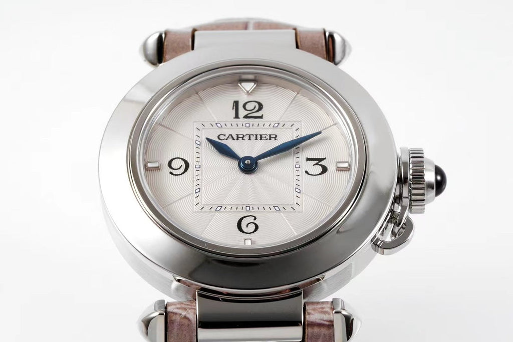 pasha 30mm quartz stainless steel pink dial light brown leather