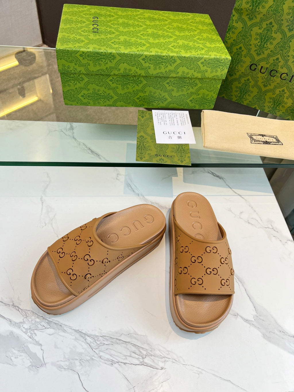 PLATFORM SANDALS IN CINNAMON BROWN MONOGRAM IMPORTED TPU