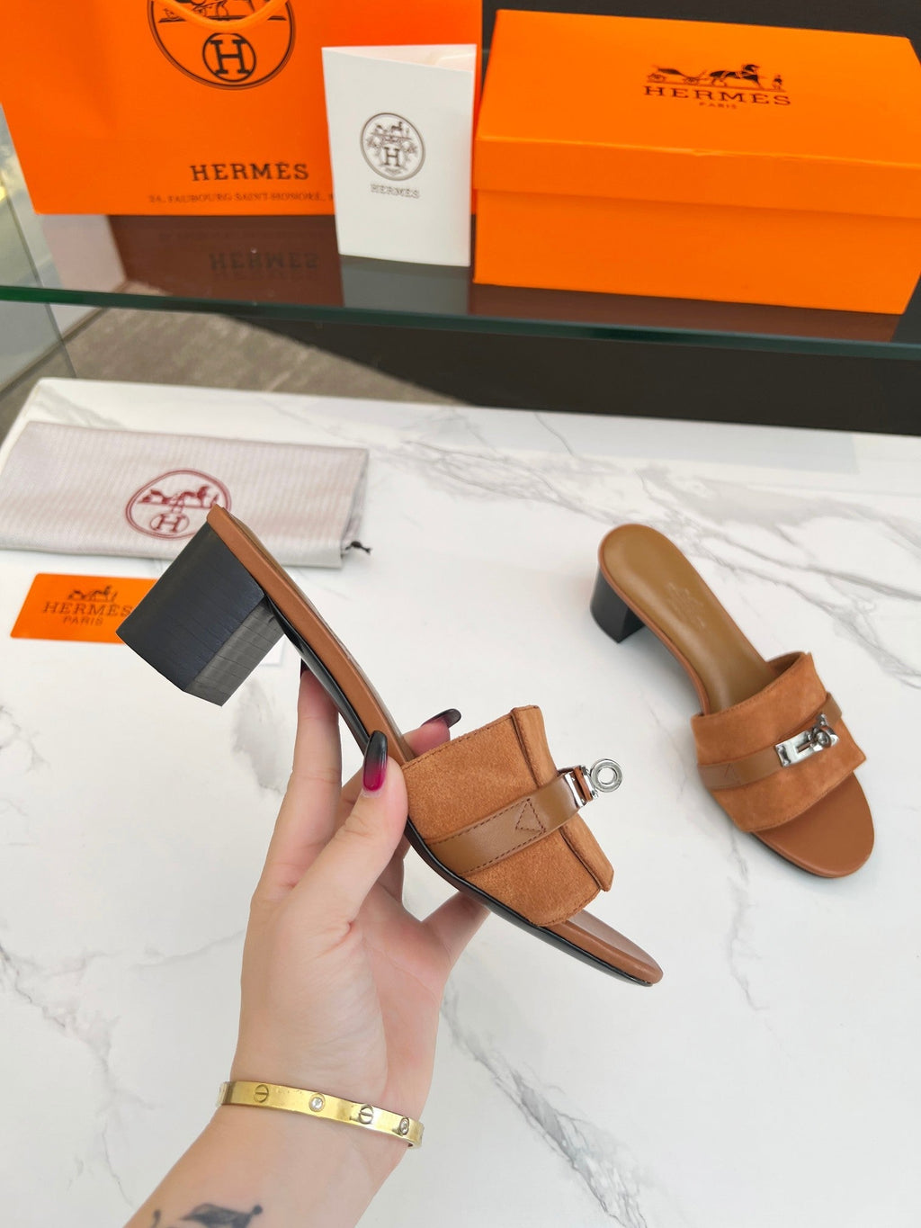 Gigi 50 Sandal Tan Suede Tan Calfskin