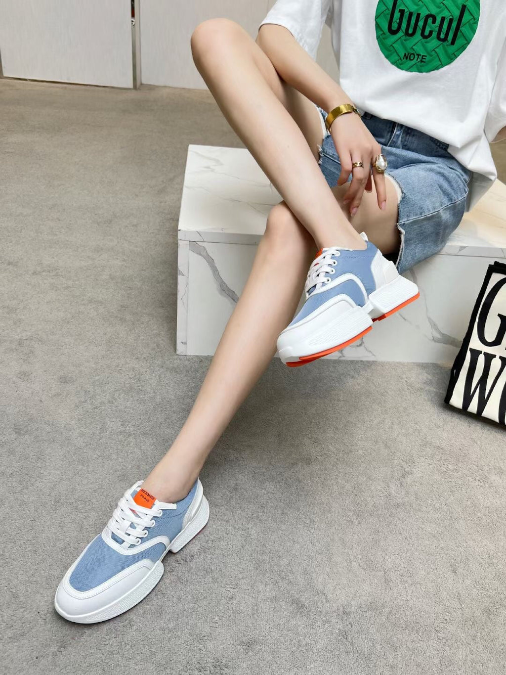 HM Giga 50 Sneaker Light Blue Canvas White Goatskin Orange