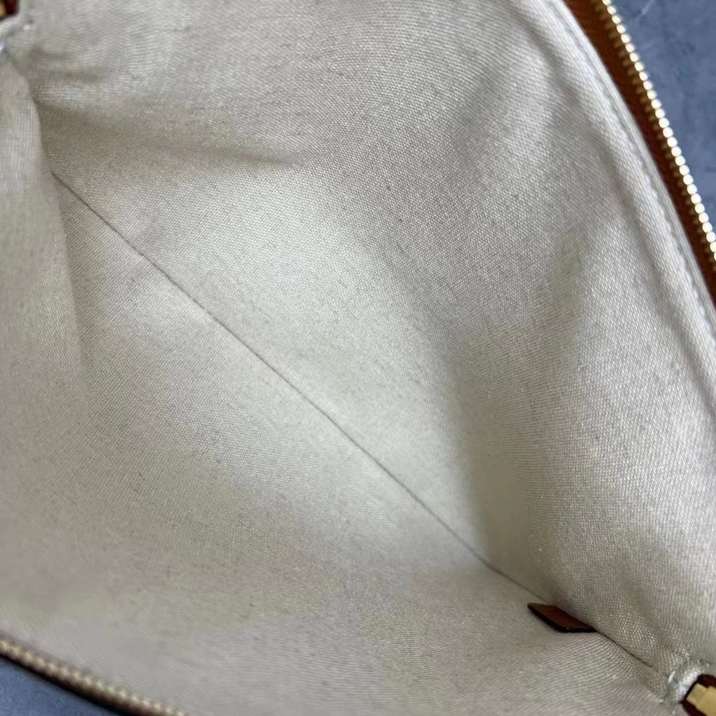 Celine 2026 Pouch With Strap 24cm White Tan Textile Calfskin 281834