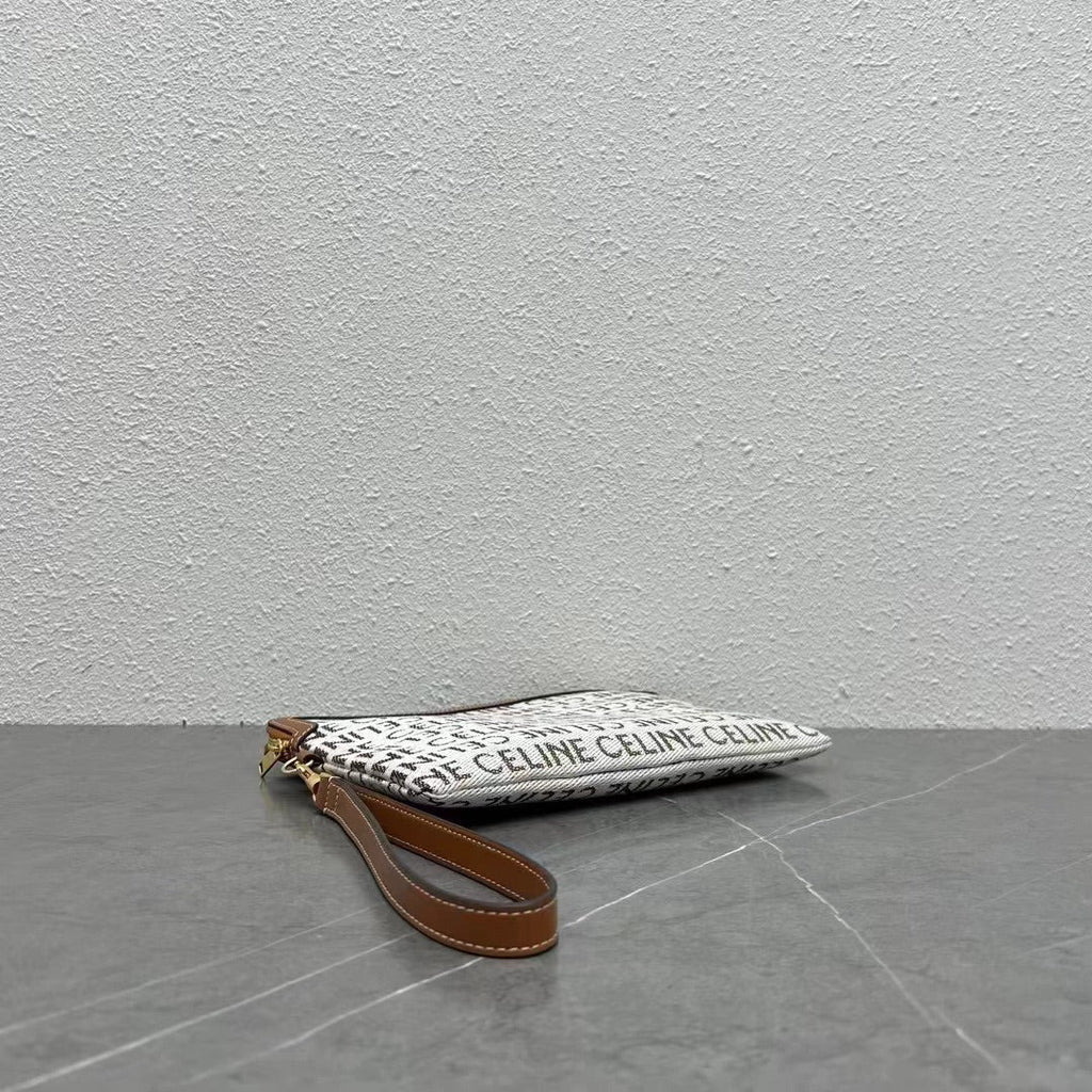 Celine 2026 Pouch With Strap 24cm White Tan Textile Calfskin 281834