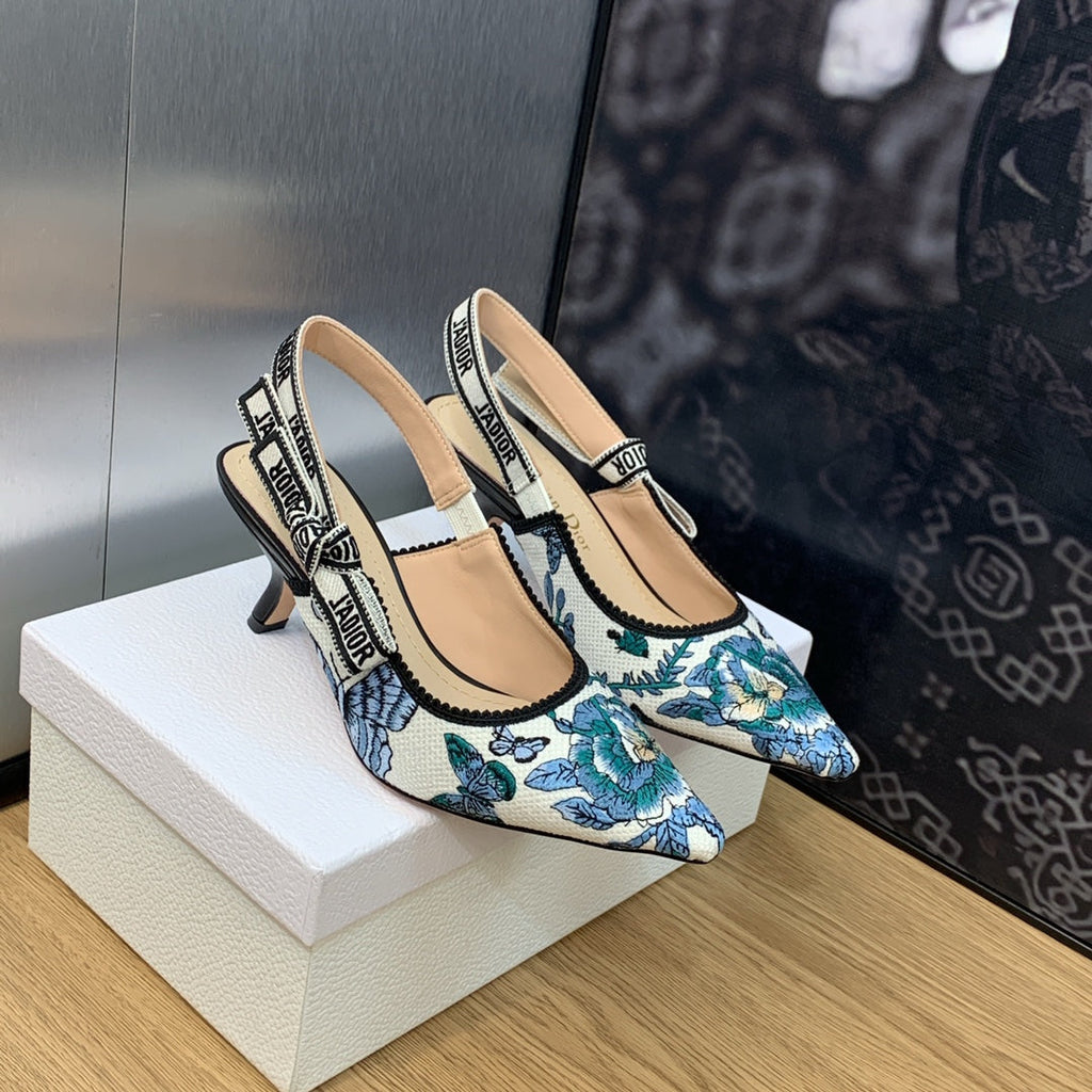JAdior Slingback Pump 65 Pastel Midnight Blue Multicolor Embroidered Cotton with Toile de Jouy Mexico Motif