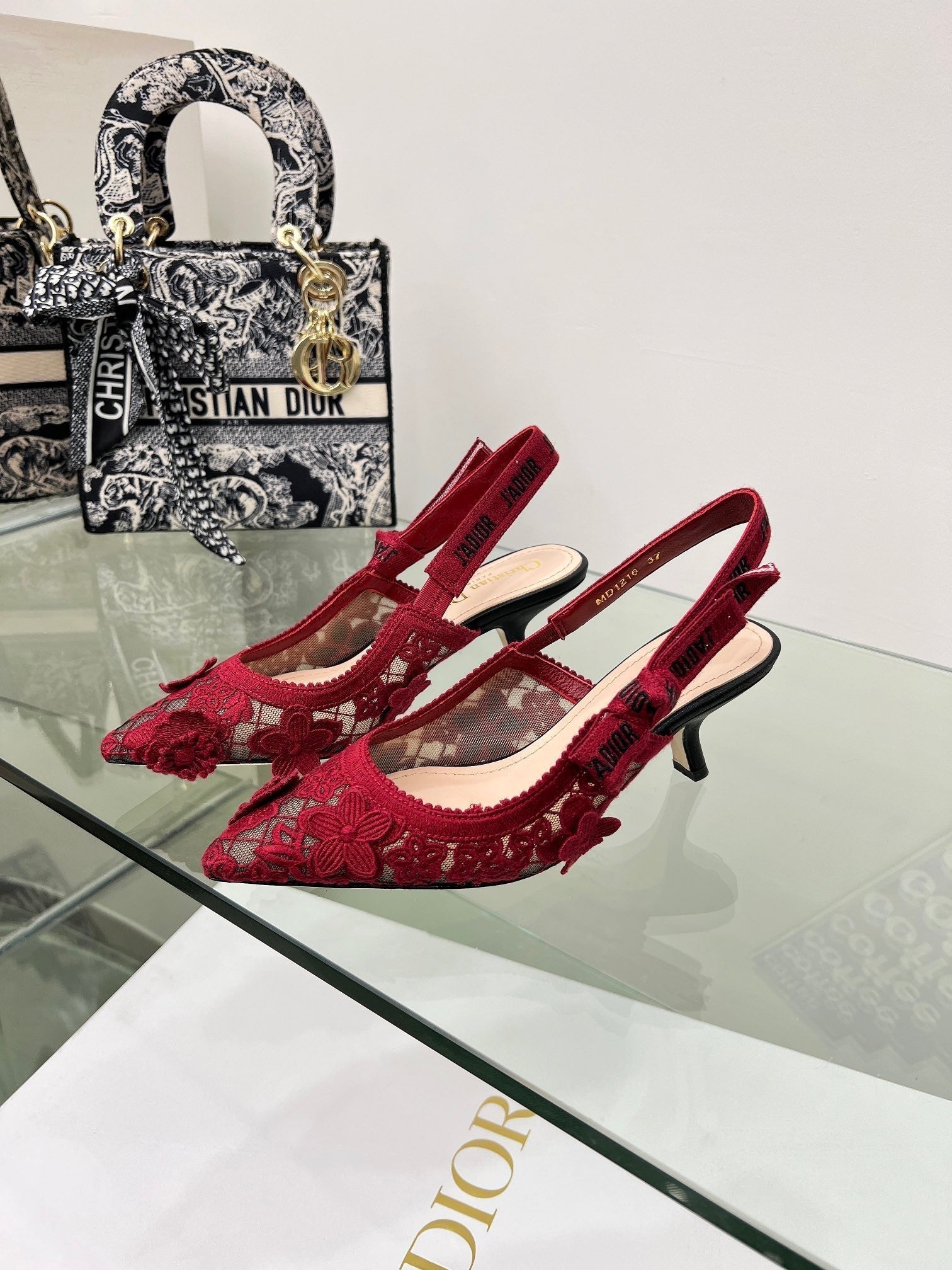 J'Adior Slingback Pump 65mm In Red Floral Embroidered Lace Fabric 100845
