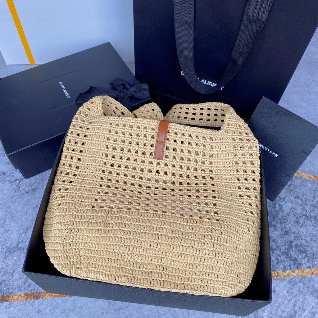 le 5a7 large 30cm woven raffia brown calfskin