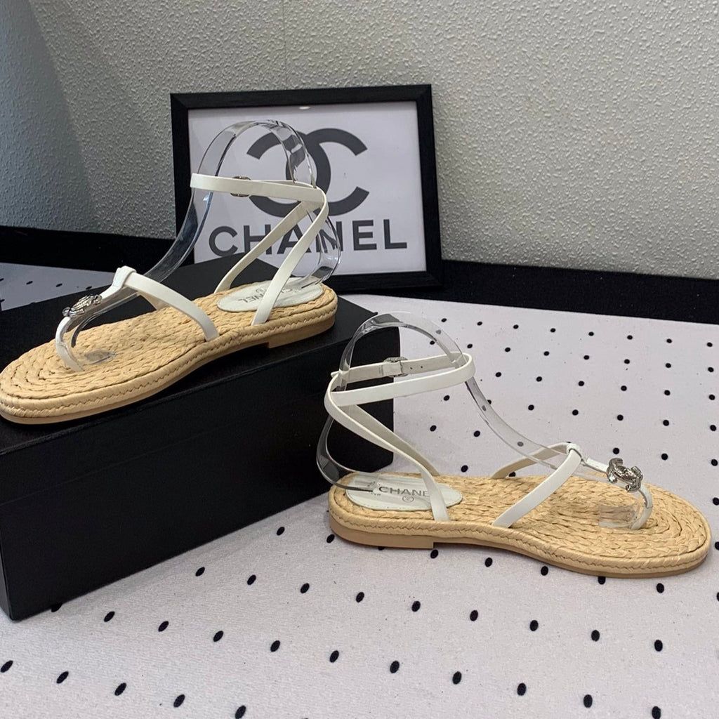 Double CC Vintage straw sandals replica designer shoe White Beige sheepskin