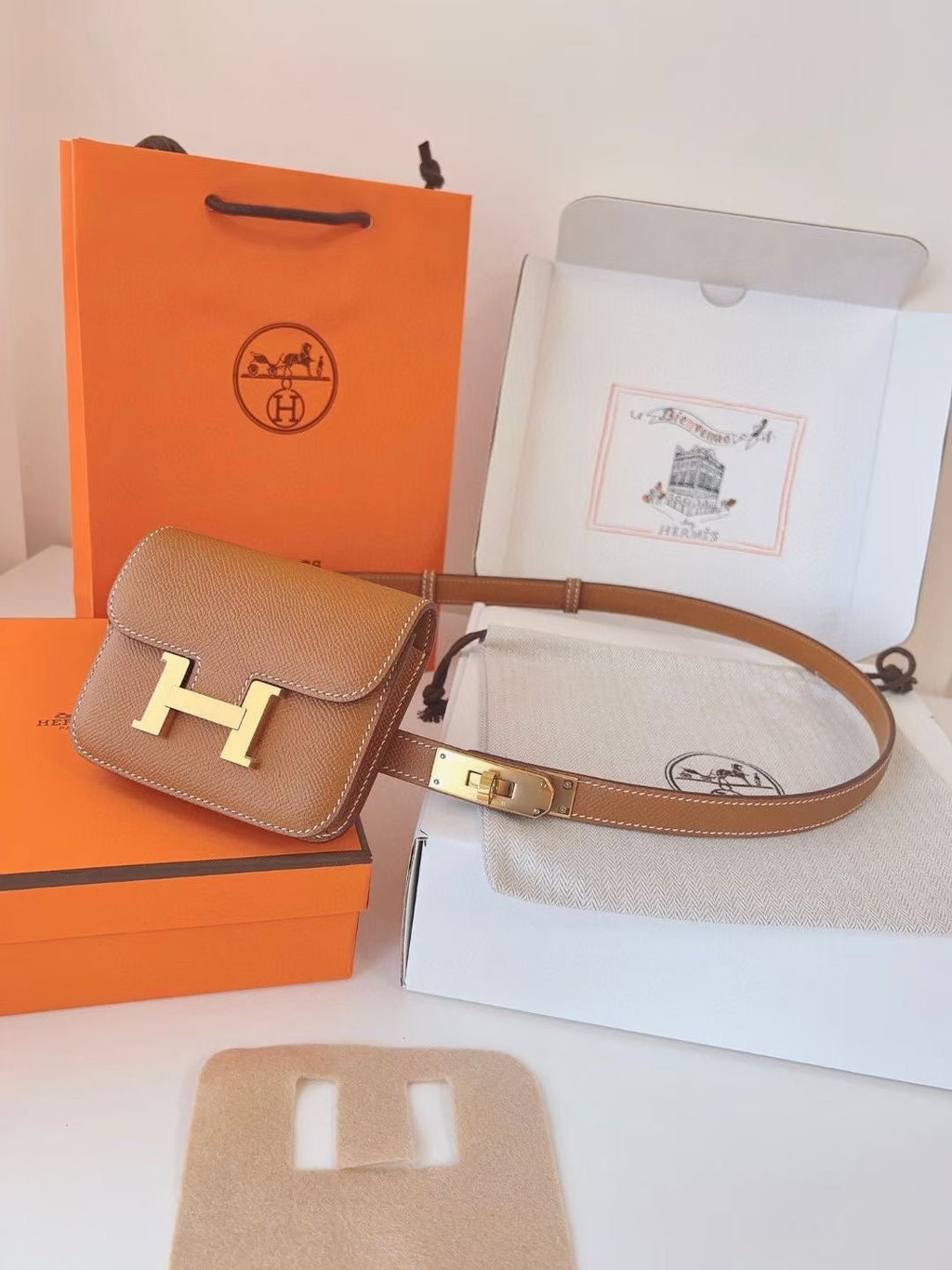 hm kelly belt 18mm with constance slim brown epsom gold hardware