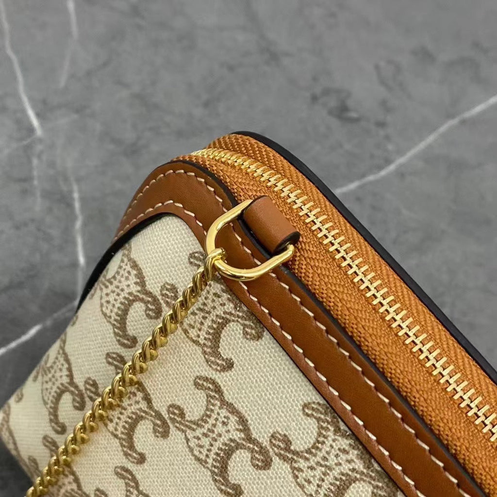 Celine 2026 Cuir Triomphe Clutch On Chain White Brown Canvas Calfskin