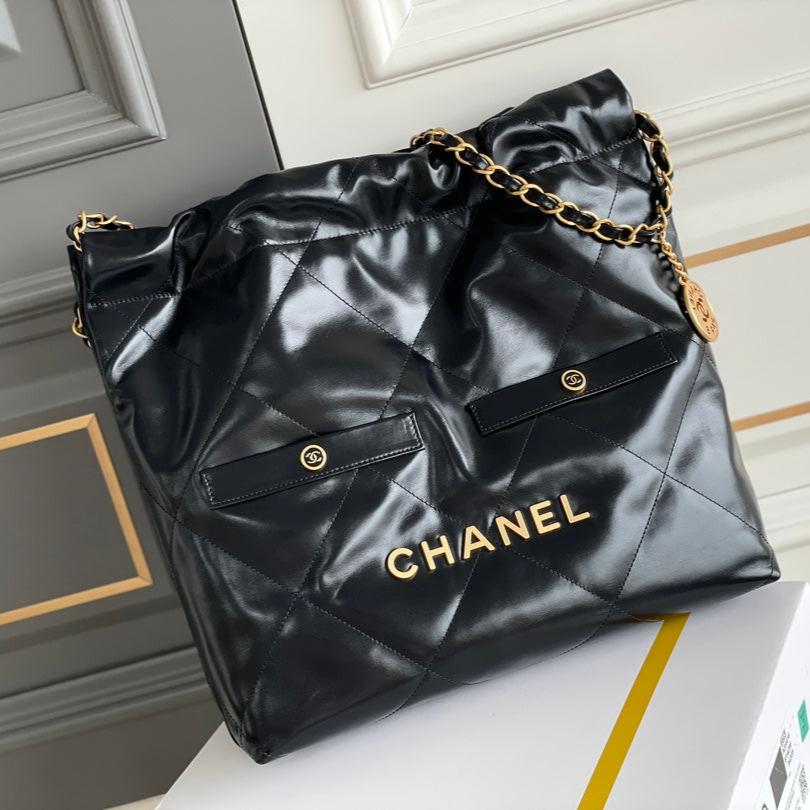 24B CC 22 Hobo Bag 35cm Black Lambskin Gold Hardware