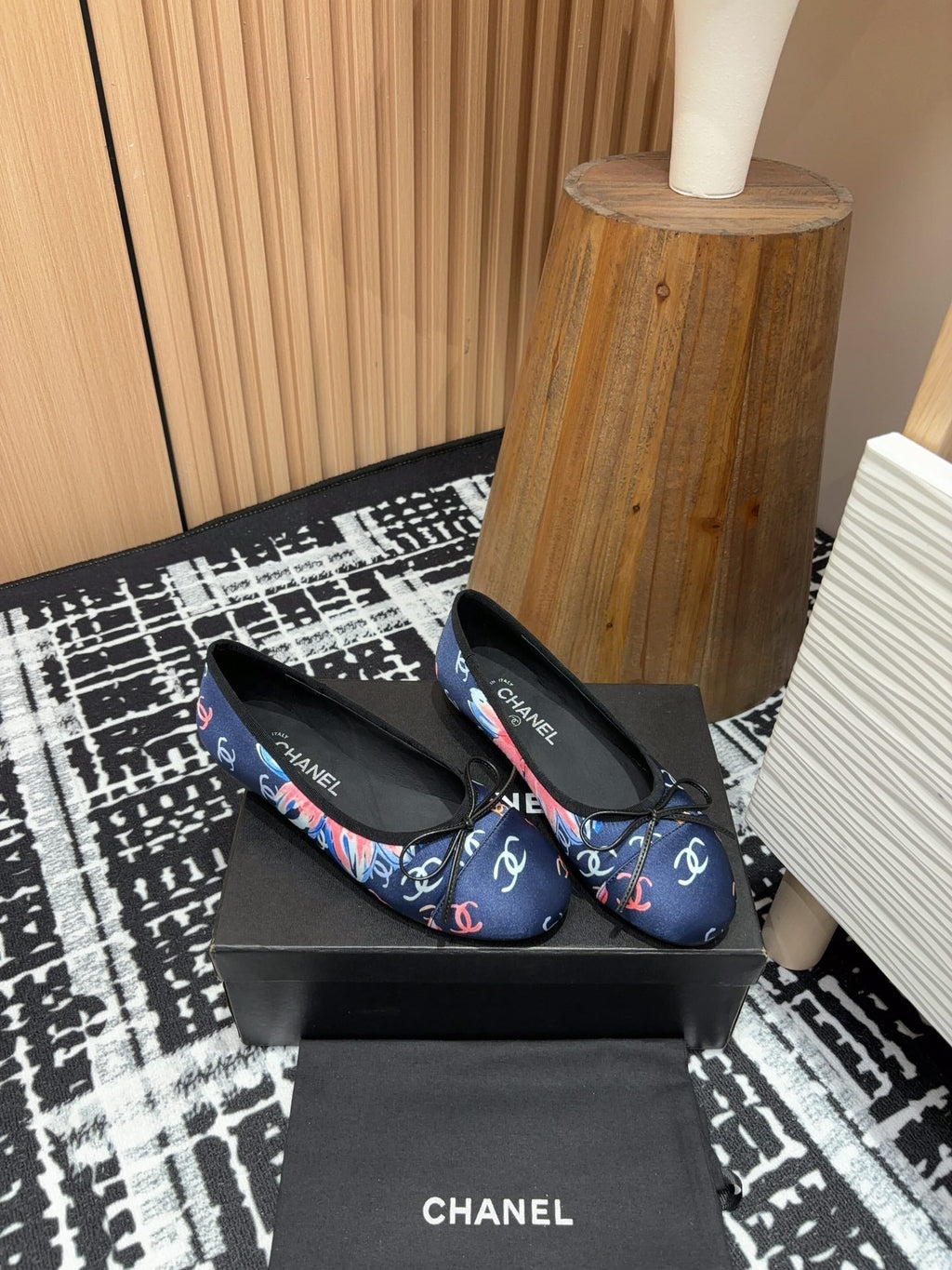 CC Ballet Flats Dark Blue Silk Flowers And Lambskin