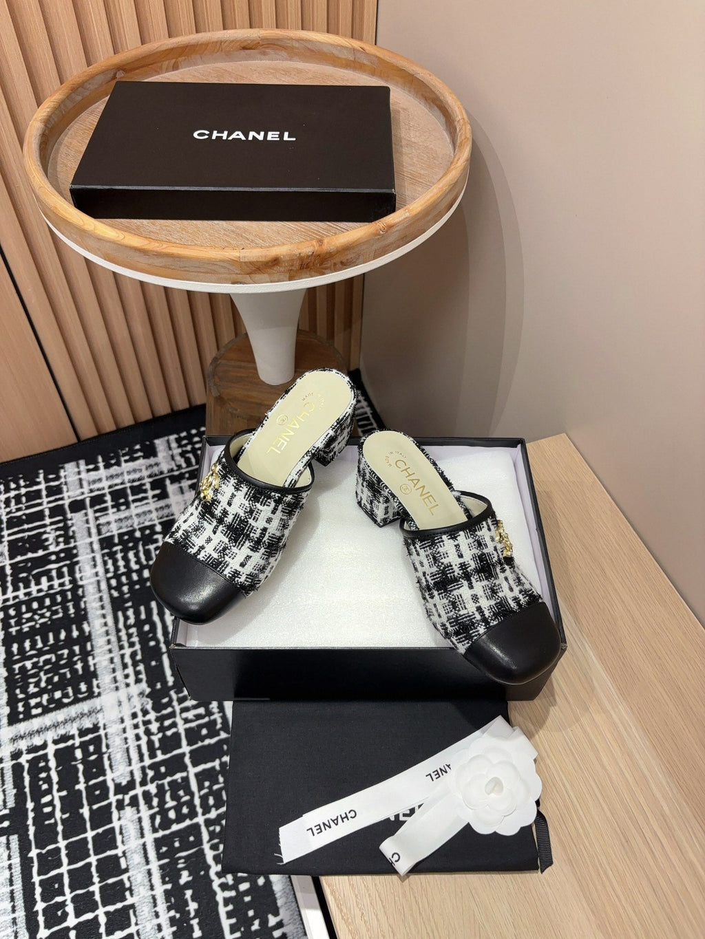 CC Mule 60mm In White Mix Black Wool Tweed And Lambskin