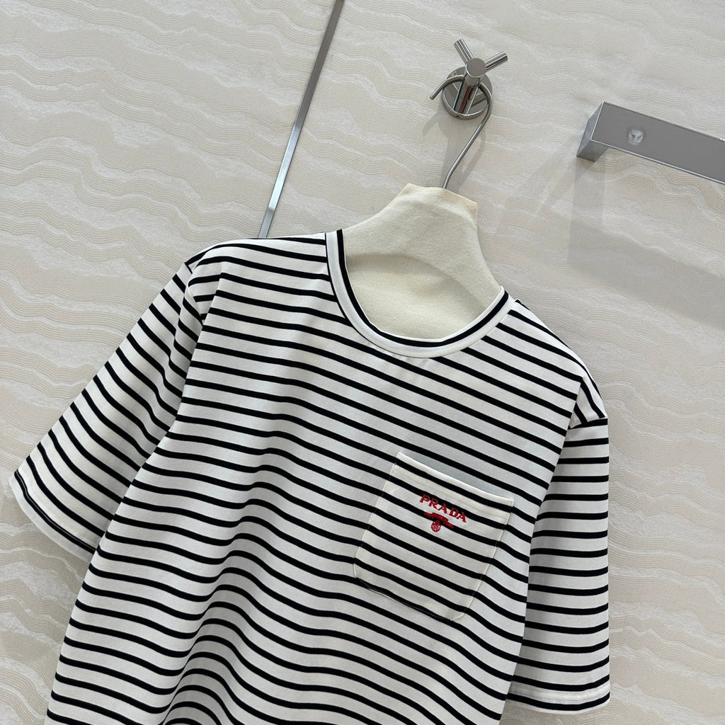 Prada Striped Short-sleeved T-shirt Black mix White Cotton