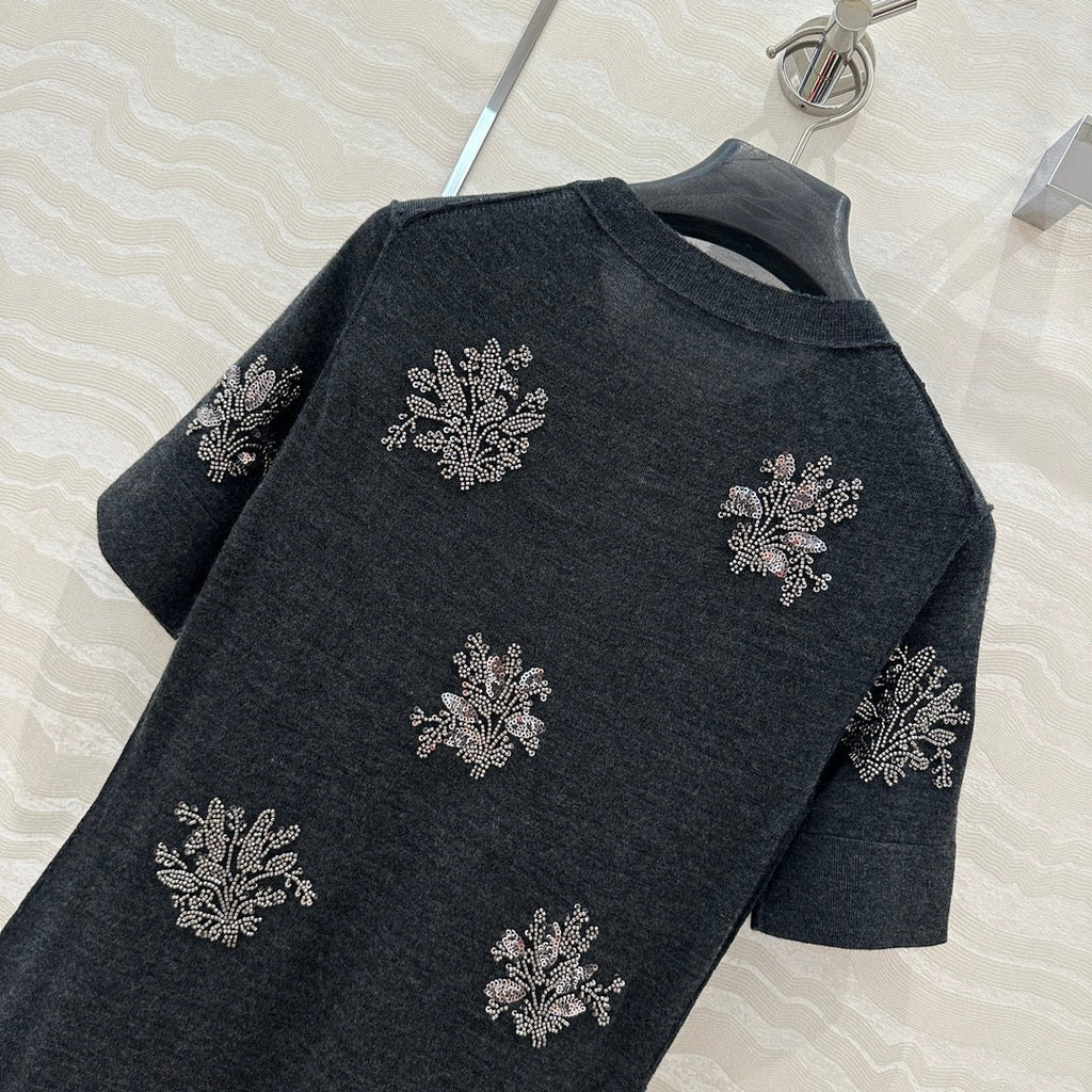 Fendi Beaded Flower Knitted Dress Black Gray Wool