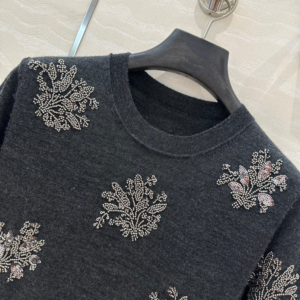 Fendi Beaded Flower Knitted Dress Black Gray Wool