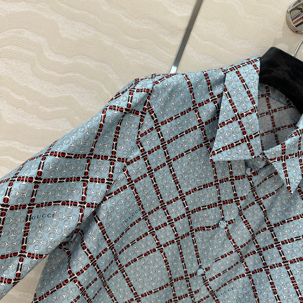 Gucci 25 Monogram Shirt Blue Red Silk