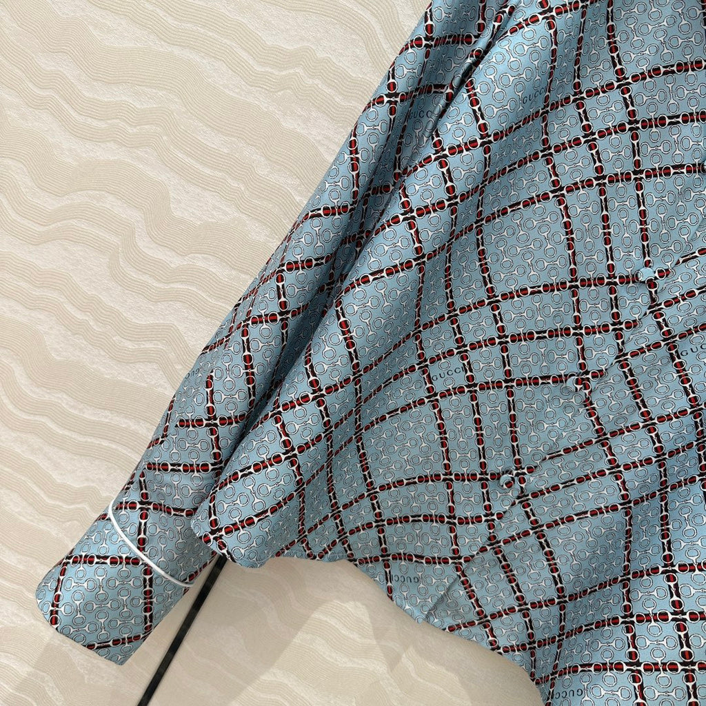 Gucci 25 Monogram Shirt Blue Red Silk