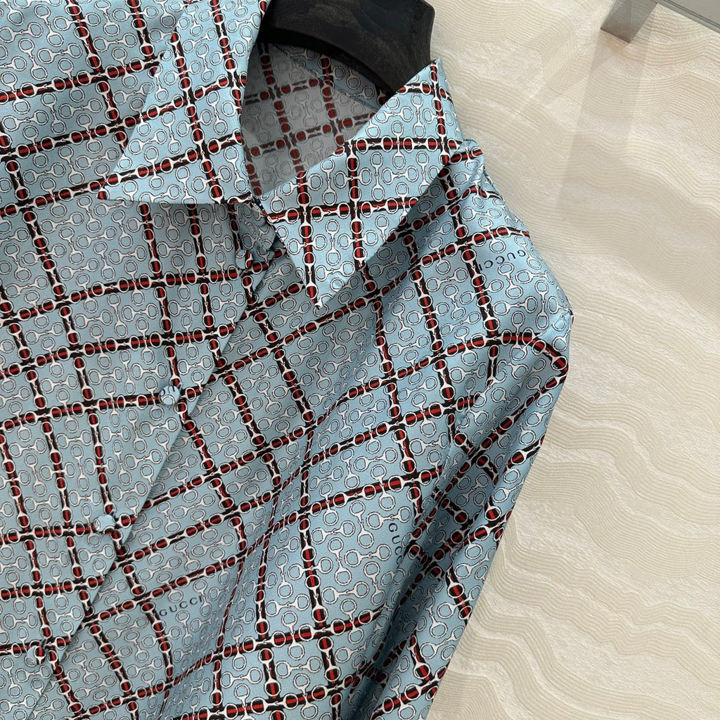 Gucci 25 Monogram Shirt Blue Red Silk