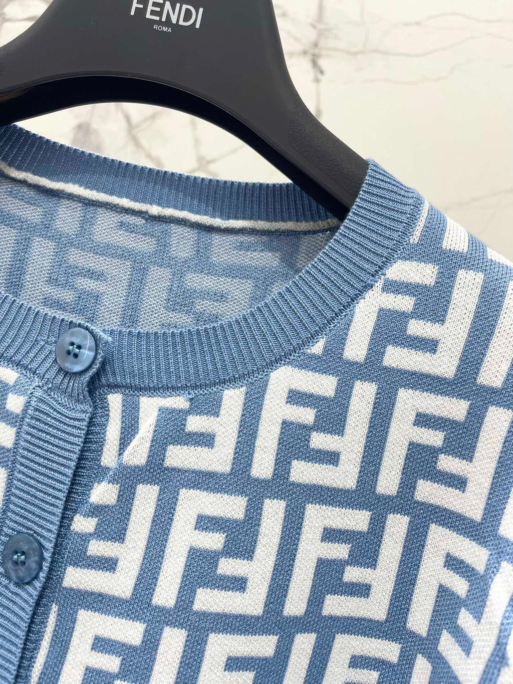 Fendi Double f Letter Knitted Cardigan Steel Blue Wool