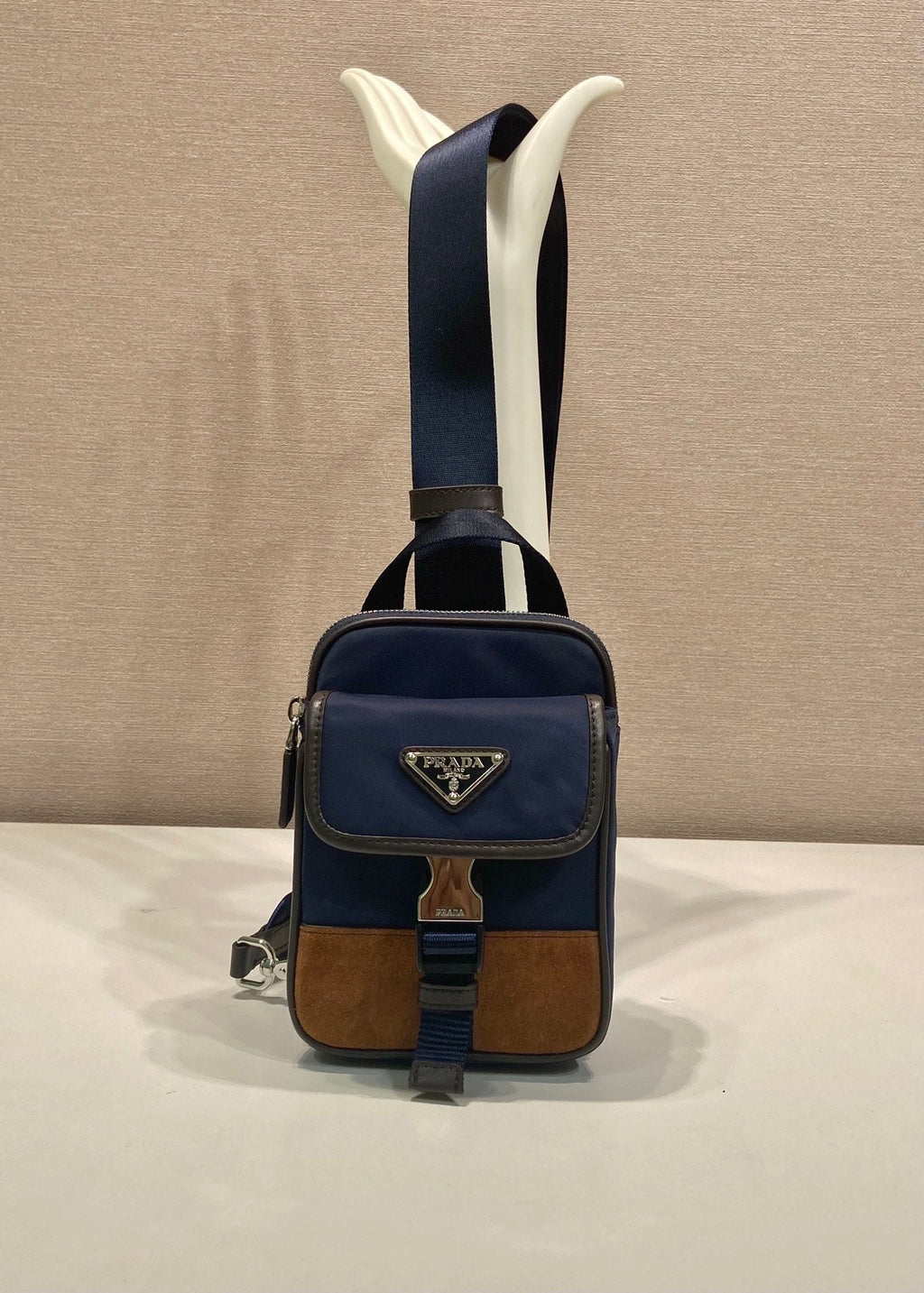 Prada 2026 Mobile Phone Chest Bag Blue Brown Recycled Nylon With Saffiano Leather