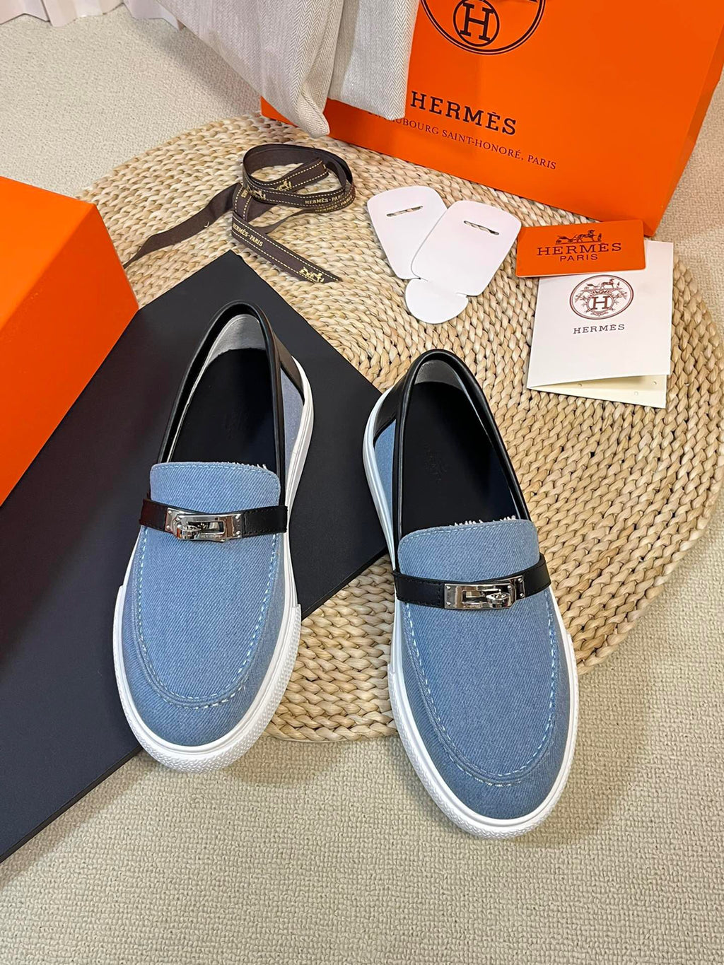 HM Denim Loafer Blue Black Cowhide Cloth 317049