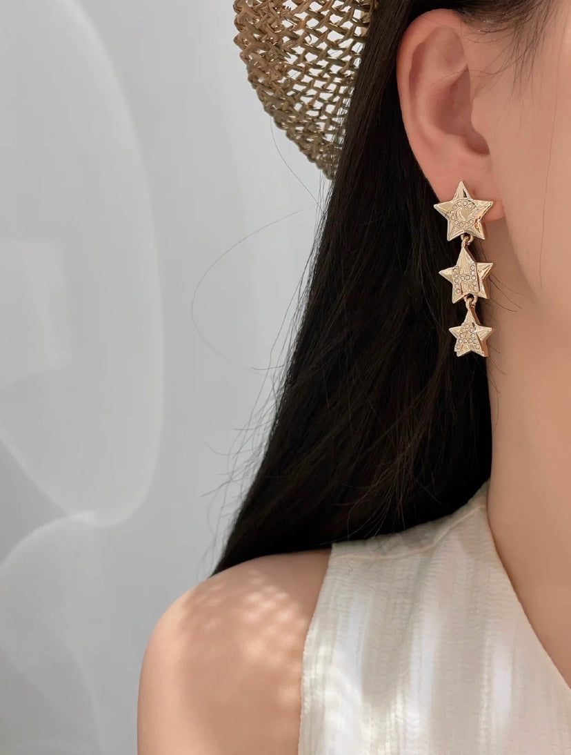 CC Light Gold Double C 3 Star Earrings