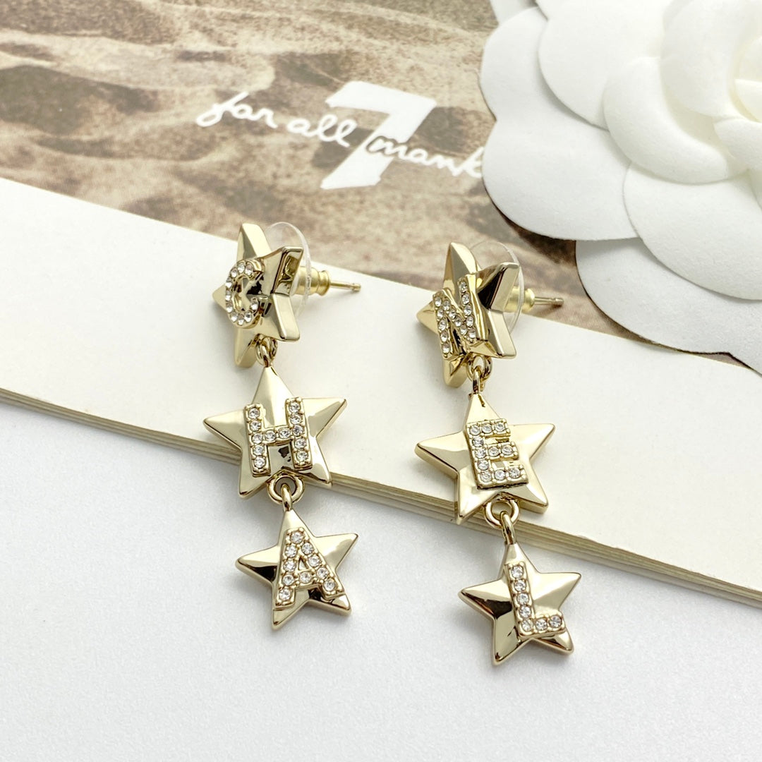 CC Light Gold Double C 3 Star Earrings