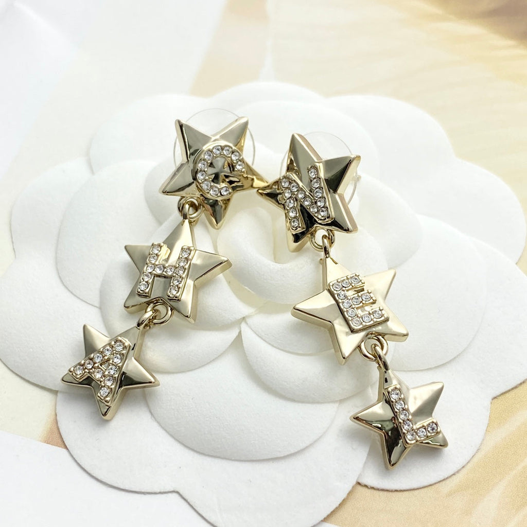 CC Light Gold Double C 3 Star Earrings