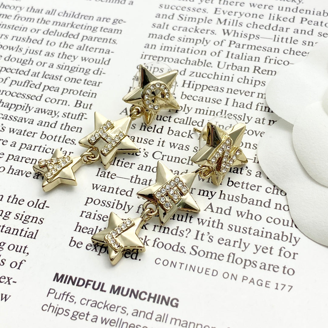 CC Light Gold Double C 3 Star Earrings