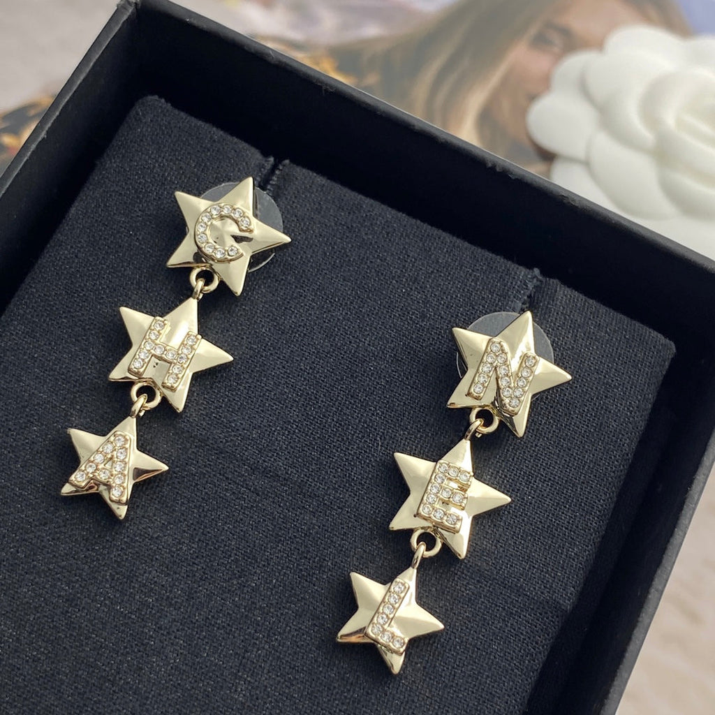 CC Light Gold Double C 3 Star Earrings