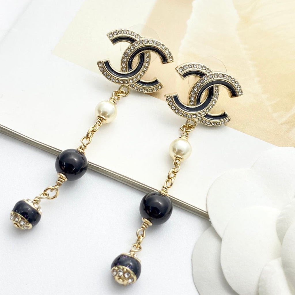 CC Black and Gold Rhinestone Double C Tassel Pearl Earrings