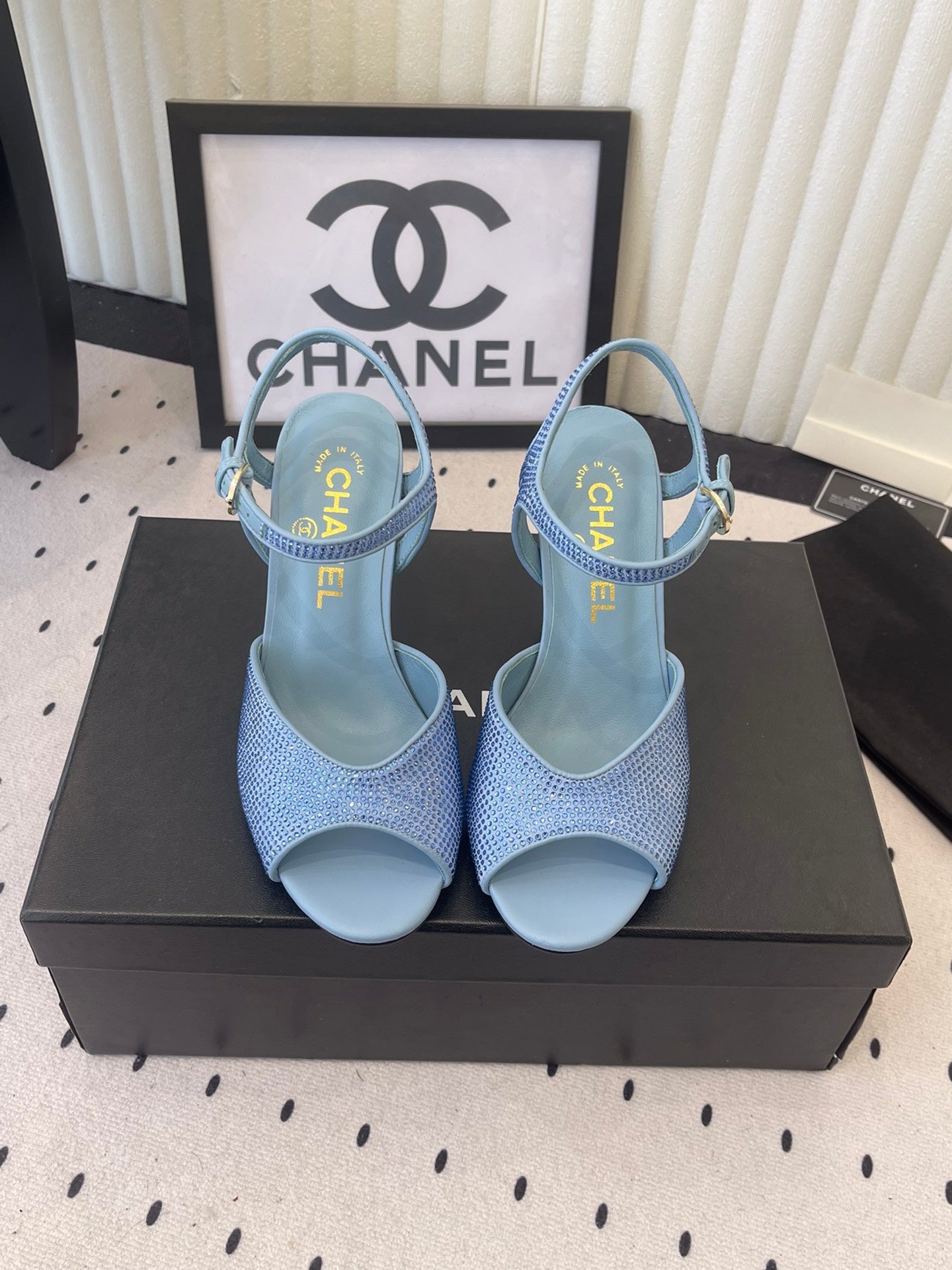 CC 26 Rhinestone Sandal 75mm Blue Lambskin 611732
