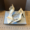 PRADA 26S POINTED-TOE STRAPPY HIGH-HEEL SANDALS 80MM IN WHITE CALFSKIN
