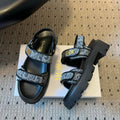 CD 26 Platform Sandals Black Blue Sheepskin Embroidered Fabric 621795